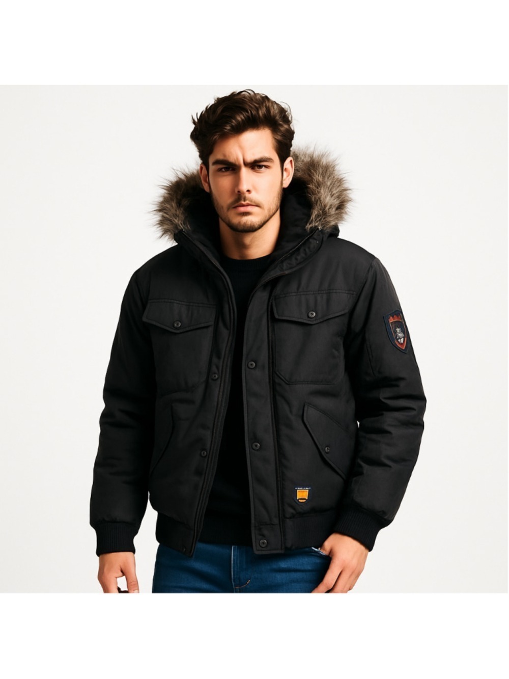 Oppenheimer Arctic Expedition Bomber Jacket XL Black Faux Fur Hood Winter Coat